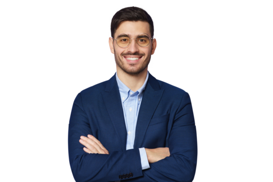 Young smiling male teacher wearing round glasses, standing with arms crossed, looking at camera
