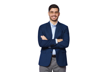 Modern male teacher dressed in blue smart casual suit, wearing trendy glasses, standing with arms...