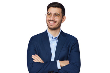 Modern male teacher dressed in blue smart casual suit, wearing trendy glasses, standing with arms crossed, looking away - obrazy, fototapety, plakaty
