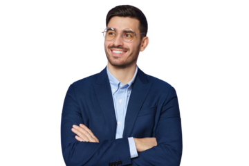 Modern male teacher dressed in blue smart casual suit, wearing trendy glasses, standing with arms crossed, looking away