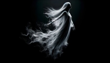 Refined illustration of an ethereal female figure emerging from the smoke, her hair and clothes gently floating in a dark environment, evoking a sense of mystery and grace.