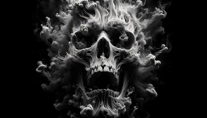 Abstract and spectacular portrait of a demonic face formed by intricate patterns of white smoke on a black background, evoking feelings of mystery and terror.