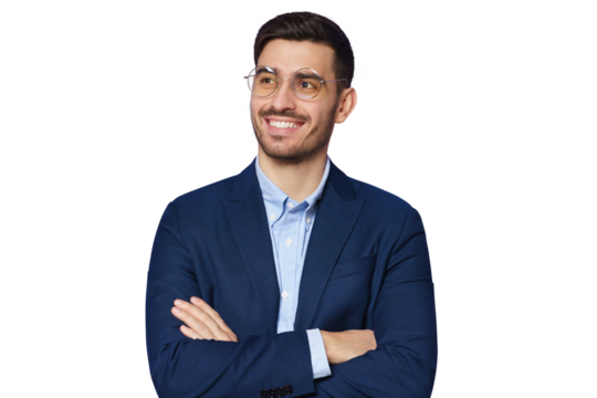 Modern male teacher dressed in blue smart casual suit, wearing trendy glasses, standing with arms crossed, looking away