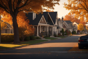 Cottage-lined street in the suburbs on an autumn afternoon. Generative AI