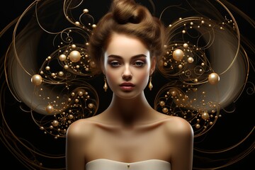 Jewelry fashion, woman in luxury creative golden pearls jewels, glamour female model with beauty face makeup wearing expensive gold stylish Jewelry on black background. - obrazy, fototapety, plakaty