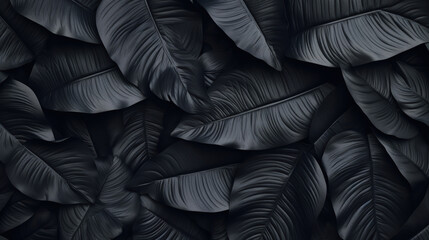 This image features abstract black leaves arranged to form a textured tropical background, blending dark and tropical elements.