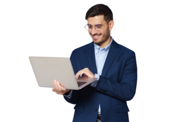 Businessman holding open laptop in hands, looking at screen, using financial app online