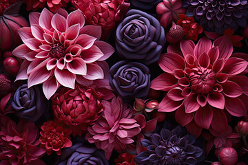 Late fall tapestry of deep purple red dahlia blossom