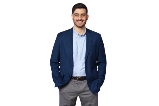 Businessman wearing blue suit, smiling at camera, standing with hands in pockets - Powered by Adobe
