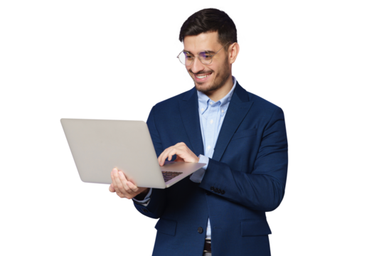 Businessman holding open laptop in hands, looking at screen, using financial app online