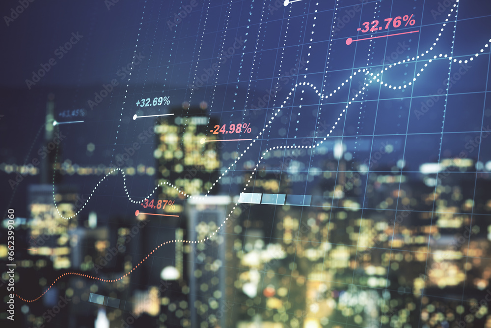 Poster multi exposure of stats data illustration on blurry skyline background, computing and analytics conc