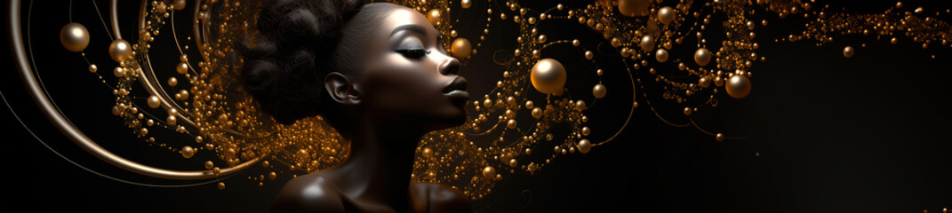 Jewelry fashion banner, woman in luxury creative golden pearls jewels, glamour female african American model with beauty face makeup wearing expensive gold stylish Jewelry on black background. - obrazy, fototapety, plakaty