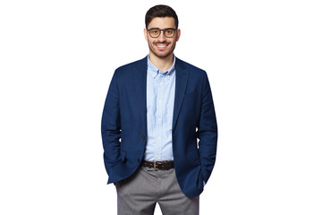 Confident businessman wearing blue suit, smiling at camera - obrazy, fototapety, plakaty