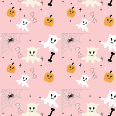 Halloween seamless pattern. Vector illustration of Halloween party. Cute ghosts, spider webs, and pumpkins on a pink background. 