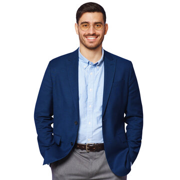 Modern male teacher dressed in blue smart casual suit, wearing trendy glasses