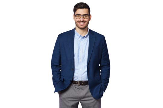 Confident businessman wearing blue suit, smiling at camera