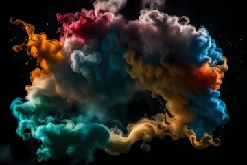 Colorful white rainbow smoke paint explosion, color fume powder splash, motion of liquid ink dye in water, isolated on black background 