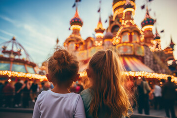 Obraz premium Little girls back to back in an amusement park on a sunny day. Children on their backs absorb the enchanting atmosphere at the amusement park. An innocent scene full of emotion.