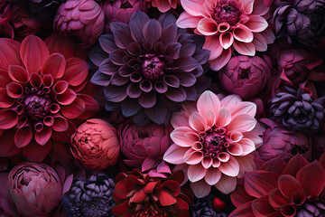 Late fall tapestry of deep purple pink dahlia blossoms.