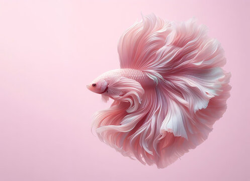 Pink Betta swims beautifully against a pastel pink background. AI Generative.