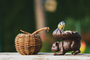 a bluetit, cyanistes caeruleus,  perched on the bird feeder and pecking seeds at a sunny autumn day