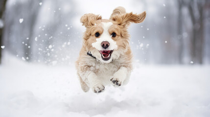 Happy Dog Running in Winter Snow
