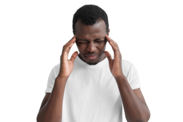 Young african american man suffering from headache, touching head with hands, migraine concept