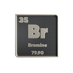 Bromine chemical element black and metal icon with atomic mass and atomic number. 3d render illustration.
