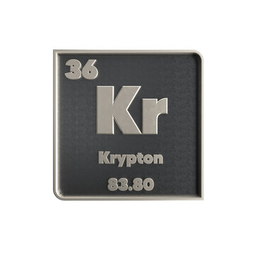 krypton chemical element black and metal icon with atomic mass and atomic number. 3d render illustration.