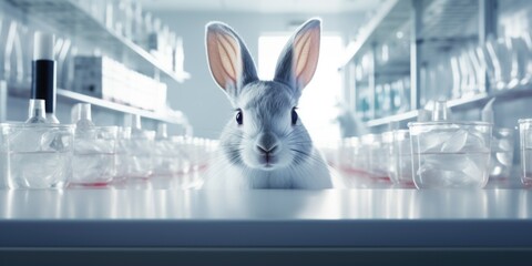 Rabbit inside a white pharmaceutical laboratory looking to the camera. Animal experiments testing representation for cosmetics and medical products.