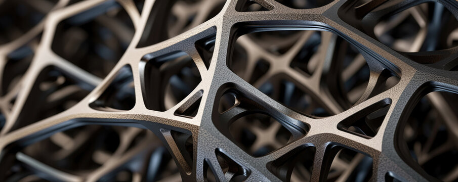 Abstract metallic structure created with additive manufacturing or 3d printing technique. Metal printing background.