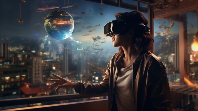 a super realistic image that transports viewers into the immersive world of Virtual Reality, where digital and physical realities blend seamlessly