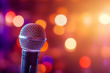 Microphone on stand for speaker speech presentation stage performance with blur and bokeh light background. Generative AI