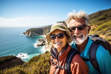 Senior couple on tourist sports walk on nature background - obrazy, fototapety, plakaty