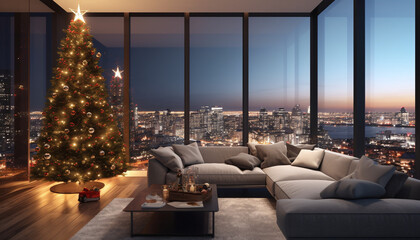 An Artistic Depiction of a Contemporary Lounge Space, Featuring Inviting Sofas and a Plush Armchair, Situated Near a Radiantly Lit Christmas Tree, Set Against Expansive Windows with a Breathtaking Eve - obrazy, fototapety, plakaty