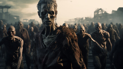 Apocalypse fantasy scene group of zombie walking. ai generative - obrazy, fototapety, plakaty