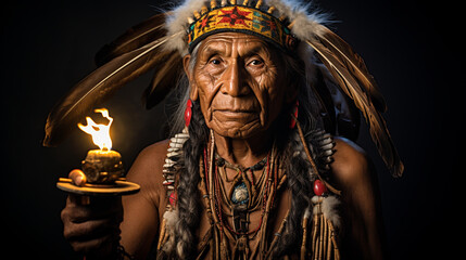 Obraz premium An elder from a Native American tribe, dressed in traditional clothing and perhaps holding a sacred object. ai generative