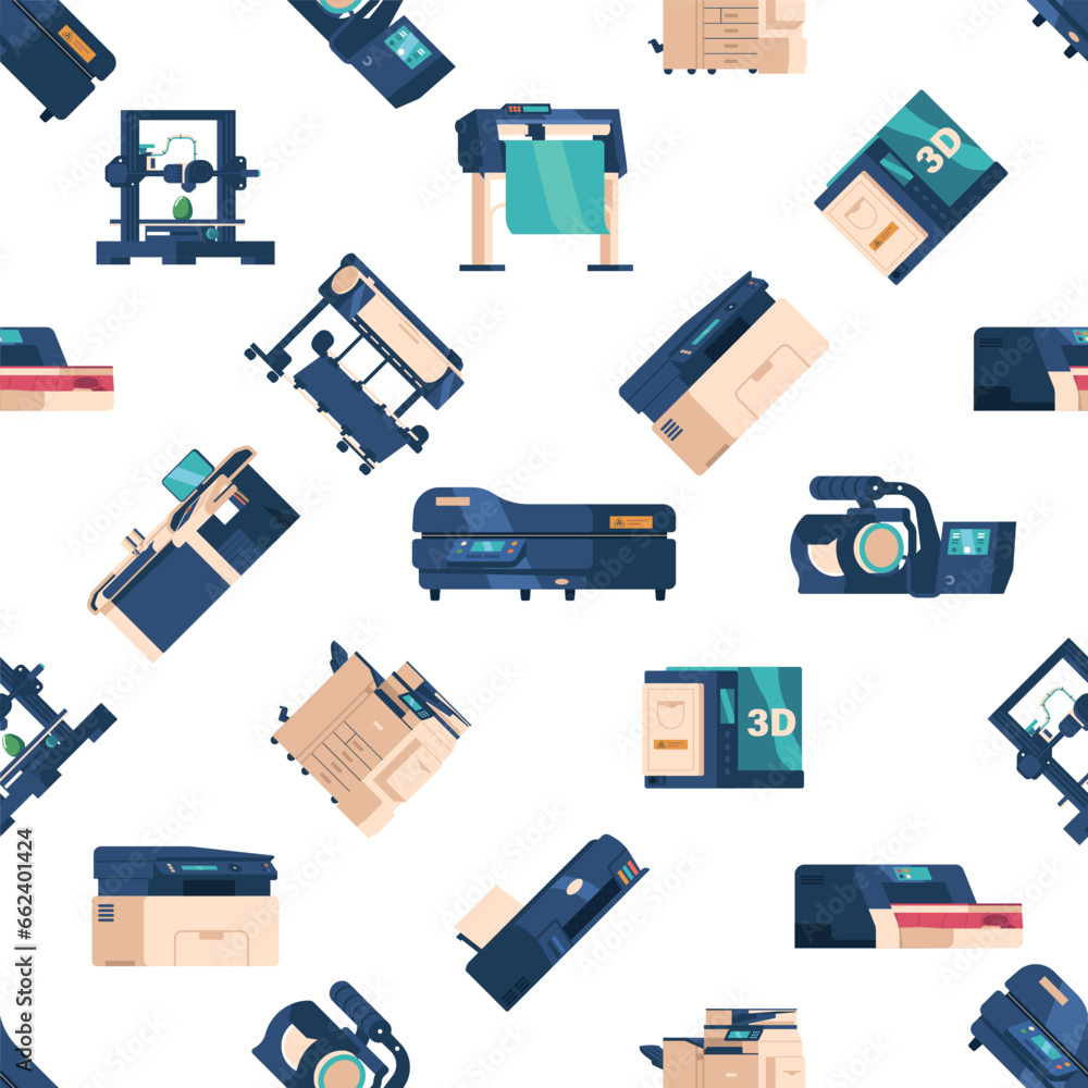 Poster seamless pattern featuring printers and plotters, showcasing tech-savvy design with modern technolog