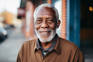 Fototapeta premium African American portrait of an elderly man looking at the camera on the street, African American adults. ai generative