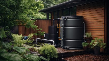 A rainwater harvesting system with a water tank and filtration unit. ai generative