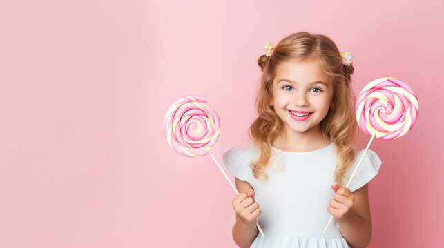 little girl holding lollipops. ai generative
