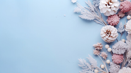 Christmas or winter composition on a pastel background. Christmas, winter, new year concept. Flat lay, top view, copy space. ai generative