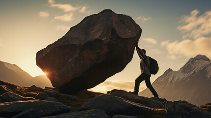 silhouette of a man carrying a heavy stone, boulder uphill. ai generative - obrazy, fototapety, plakaty