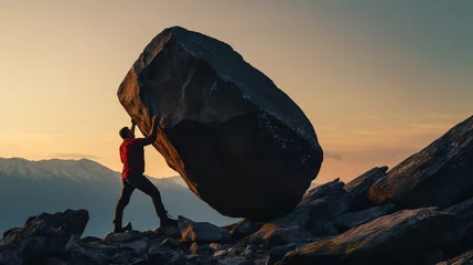 Foto op Plexiglas silhouette of a man carrying a heavy stone, boulder uphill. ai generative © Oleksandr
