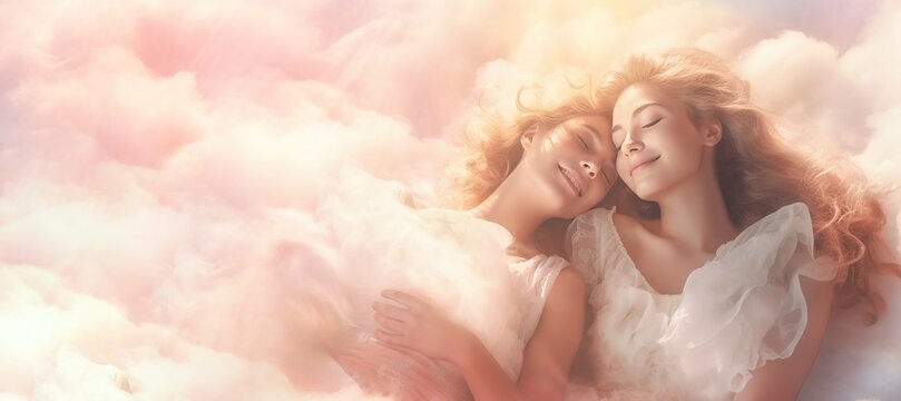 Two beautiful delicate young women sisters smiling in the pink airy clouds. Spiritual or religious sisterhood female support concept. Banner with copy space.