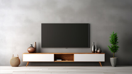 modern style tv stand on empty wall. ai generative - obrazy, fototapety, plakaty
