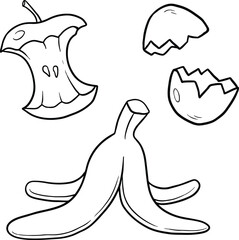 Obraz premium Food scraps, banana peel, egg shell, apple scraps. illustration, line vector set 