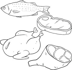 Chicken meat, fresh fish, meat, steak, illustration, line vector set
