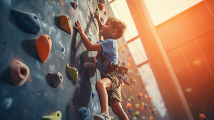 Little boy climbing on a climbing wall indoors. Healthy lifestyle concept. ai generative - obrazy, fototapety, plakaty