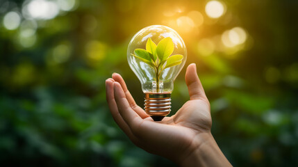 Hand holding a light bulb on a nature background on a green leaf with energy sources, Sustainable development and responsible environment, Renewable energy sources, Ecology concept. ai generative